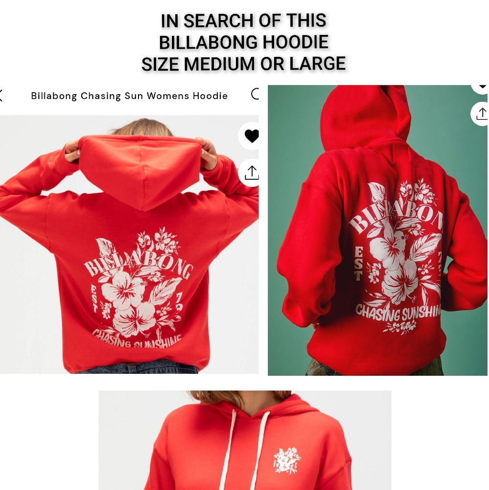 ISO: BILLABONG RED HOODIE W/ WHITE FLORAL PRINT (MEDIUM OR LARGE)